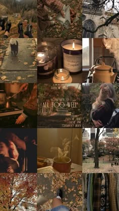 a collage of pictures with people and candles in them, including trees, leaves, flowers, and other things