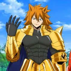 an anime character with orange hair and gold armor standing next to another character in front of blue sky