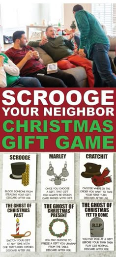 an advertisement for the christmas gift game with people sitting on couches and one man standing in