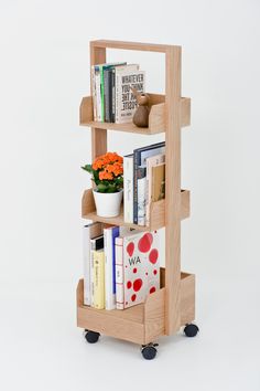 Three-Shelf Wheeled Wood Mini Bookcase | Wireworks Bookie | Woodfurniture.com Shelf Spacing, Three Tier Shelf, Display Unit, Office Furniture Desk, Oak Finish, Ring Binder, Bye Bye, Open Plan, White Oak