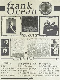 an advertisement for frank ocean's album, the track list and other music related items