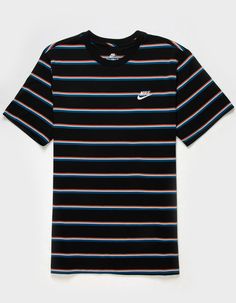 Nike Sportswear Club Stripe Tee. Embroidered Nike Logo On Left Chest. Allover Stripe Print. Ribbed Crew Neckline. Short Sleeve. 100% Cotton. Machine Wash. Imported. Three Stripes Crew Neck Sportswear T-shirt, Casual Crew Neck Top With Embroidered Graphics, Striped Athleisure Tops For Sports, Sporty T-shirt With Embroidered Logo For Sports, Sporty Crew Neck T-shirt With Embroidered Logo, Sporty Embroidered Graphics T-shirt, Black Tops With Embroidered Logo For Sports Season, Black Crew Neck Top With Embroidered Logo, Sporty T-shirt With Embroidered Logo