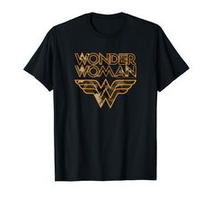 wonder woman t - shirt with gold lettering on the chest and an arrow in the center