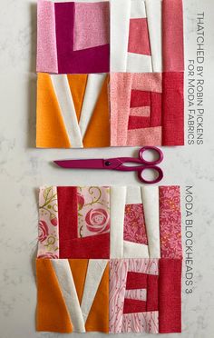 two pieces of fabric with scissors next to each other on a counter top that says love