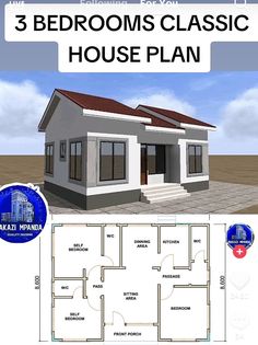 the three bedroom house plan is shown with an attached porch and stairs to the second floor