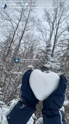 someone is holding their mitts up in the air with snow on them and trees behind them