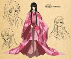 an anime character with long black hair wearing a pink kimono