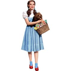 a woman holding a teddy bear in her arms with a basket on her shoulder and red shoes