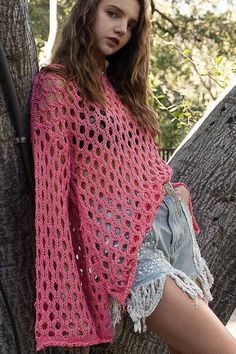 Pink Crochet Sweater - Sheer Bell Sleeve Sweater | Boho Pink Crochet Top Step By Step, Crochet Shapes, Stylish Tops For Girls, Circle Crochet, Crochet Coaster, Mesh Tops, Pink Sheer, Pink Crochet, Stylish Top