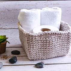 two rolls of toilet paper sitting in a basket next to some rocks and a succulent