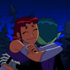 an animated image of two people hugging in front of some trees and the night sky