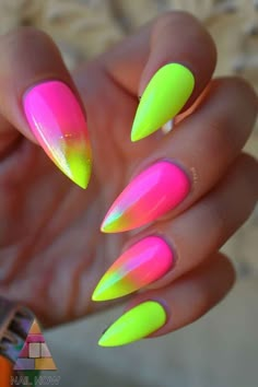 Ombre Nails Neon, 80’s Nails, Fun Neon Nails, Hot Pink Ombre Nails, Pastel Nail Colors, Neon Coral Nails, Neon Blue Nails, Nail Options