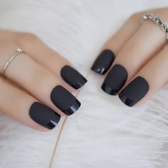 Black Squoval Nails, Matte French Nails, Pink Black Nails, Glitter French Nails, Pink French Nails, Squoval Nails, Dark Nails