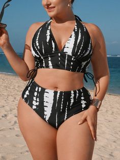 Black and White  Collar   Colorblock,Tie Dye,All Over Print  Embellished Medium Stretch  Women Plus Clothing Swimsuit Medium Size, Plus Size Swimwear Fatkini, Swimsuits For Curvy Women, Plus Size Bathing Suits, Swimsuit Plus Size, Summer Style Guide, Best Swimsuits, Swimsuit Set, Plus Size Swimsuits