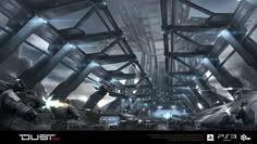 an image of some sci - fi futuristic city with lights coming from the ceiling and windows