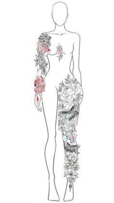 a drawing of a woman's body with flowers on her arm and leg,