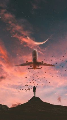 a person standing on top of a hill watching an airplane fly over the sky at sunset