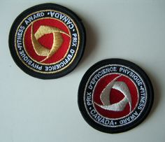 two patch badges on a white surface one has a red circle and the other is a gold circle