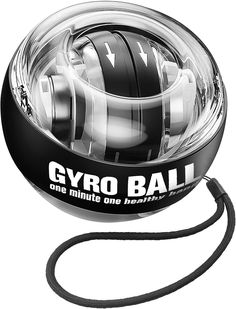 a black and white photo of a gyro ball on a cord with the words gyro ball printed on it