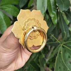 a person holding two gold rings in front of some green leaves and trees, with the ring being held up to the camera