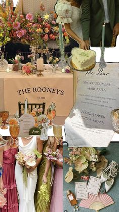 a collage of photos with people dressed in formal wear and flowers on display at an event