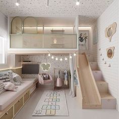 a bedroom with bunk beds and stairs in the ceiling, next to a white tiled wall