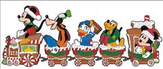 an image of mickey and friends riding in a train with santa clause on the side