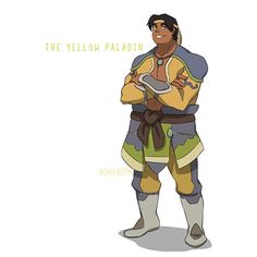 the yellow paladin character is standing with his arms crossed and looking at something