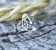 "Spider in Web Ring details: -Solid .925 sterling silver -14.5mm Face height -Smooth ring band measures 2mm wide in the back. -US sizes 5-10.5 with half sizes. *Spider Web Stacking Ring set shown here: https://www.etsy.com/listing/842184900/spiderweb-ring-web-ring-sterling-silver?ref=shop_home_active_1&frs=1 Looking for a last minute or unique Christmas gift? Visit our \"READY TO SHIP\" section here, ships out in one business day https://www.etsy.com/shop/AWildViolet?section_id=23587515 Connect Spider In Web, Halloween Rings, Spider Rings, Gothic Engagement Ring, Halloween Ring, Spider Jewelry, Stacking Ring Set, Statement Ring Silver, Unique Christmas Gifts