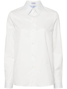 white cotton twill weave signature embroidered Anagram motif classic collar long sleeves buttoned-cuff sleeves straight hem front button fastening Loewe Anagram, Twill Weave, Dolce E Gabbana, Cuff Sleeves, Shirt White, Miu Miu, Cotton Twill, White Cotton, Cotton Shirt