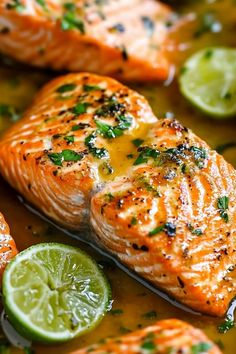 grilled salmon with herbs and limes in a pan