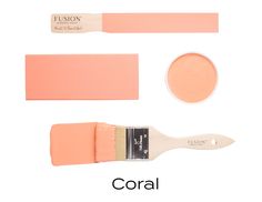 an orange paint brush with the words coral next to it and two different colors of paint