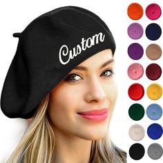 PRICES MAY VARY. This custom embroidered Text berets hat is sure to impress your friends ! Customize with your favorite saying or name ! CUSTOMIZATION : When you press Customize Now button, you will start customizing your hat and be able to see your typed text in real time. OUR GUARANTEE: We are very proud of our skilled embroiderers and their passion in customization. We guarantee the finished product'll meet the quality standard for custom embroidery in workmanship. Due to the handmade nature, Men Beret, French Beret Hat, Embroidered Text, Beret Cap, French Beret, Berets Cap, Embroidered Wool, Wool Winter, Logo Text