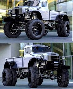 two pictures of an old truck with big wheels and huge tires, one is white and the other is black