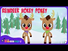 two reindeers are standing next to each other in front of snow covered trees and the words reindeer honey pokey