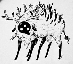 a black and white drawing of a deer with antlers on it's back