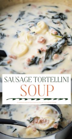 sausage tortellini soup in a pot with a ladle and title overlay