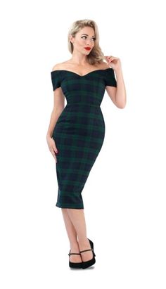 50s Pencil Dress, The 50s Fashion, Bardot Style, Black Watch Tartan, Retro Vintage Dresses, Rockabilly Dress, 50s Dresses, 1950s Dress, Wiggle Dress