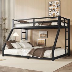 a black bunk bed with white sheets and pillows on the bottom level, in a bedroom