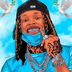 a drawing of a man with dreadlocks and a blue bandanna around his neck