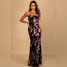 Stunning Velvet Dress From Lulus Deep Royal Blue/Navy Decided On Different Dress Floral Velvet Dress, Winter Bridesmaid Dresses, Navy Blue Maxi Dress, Strapless Bustier, Fall Wedding Guest Dress, Floral Gown, Formal Dresses Gowns, Strapless Maxi, Different Dresses