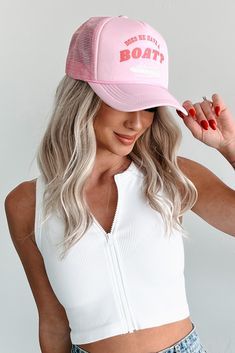 Does He Have A Boat" Trucker Hat (Light Pink) - NanaMacs Trendy Lightweight One Size Hats, Pink Casual Trucker Hat For Vacation, Casual Pink Trucker Hat For Vacation, Spring Summer Trucker Hat, Pink Trucker Hat For Spring Vacation, Casual Pink Hats For Day Out, Lightweight Pink Hat For Spring, Trendy Lightweight Hats, Pink Trucker Hat For Spring Beach Outings