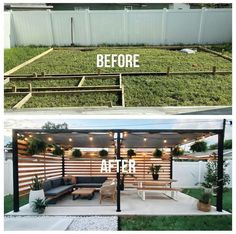 before and after photos of an outdoor living area with plants growing on the roof, in front of a fence