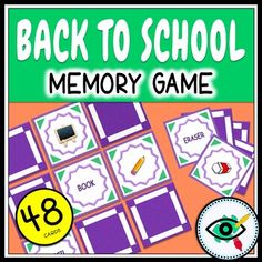 back to school memory game with an eye on the front and words in green, orange, and purple