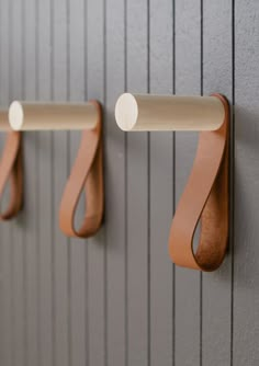 an image of some hooks on the wall with leather straps hanging from it's sides