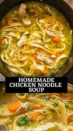 homemade chicken noodle soup in a pot with the title overlay reads, homemade chicken noodle soup