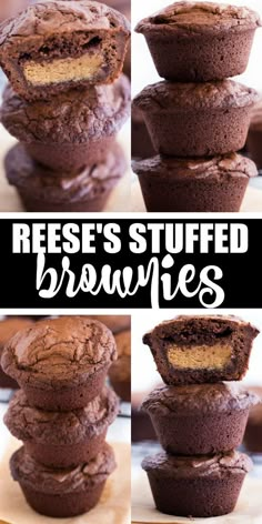 there are several pictures of brownies stacked on top of each other with the words reese's stuffed in them