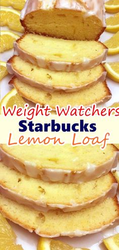 a stack of lemon loafs with frosting on top and the words weight watchers starbuck's lemon loaf