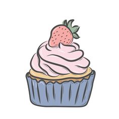 a drawing of a cupcake with whipped cream and a strawberry on top is shown