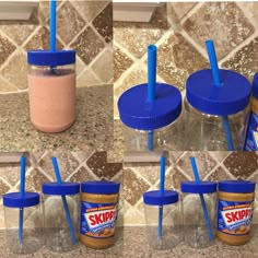 four shots of peanut butter and smoothie in plastic cups with blue straws on them